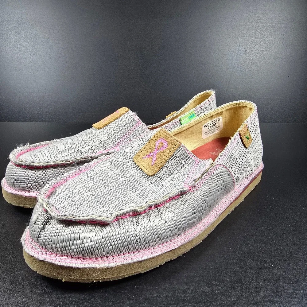 Twisted X WCL0012 Moccasins Womens 7.5 Grey Pink Ribbon ecoTWX Slip On Loafers - Picture 2 of 12